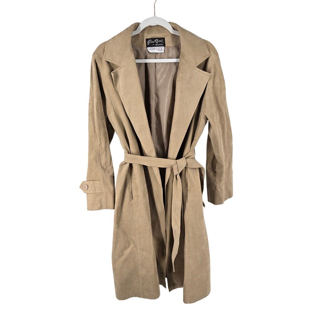 Vintage Wilson Long Suede Leather Waist Tie Tan Trench Coat Womens 14 Retro